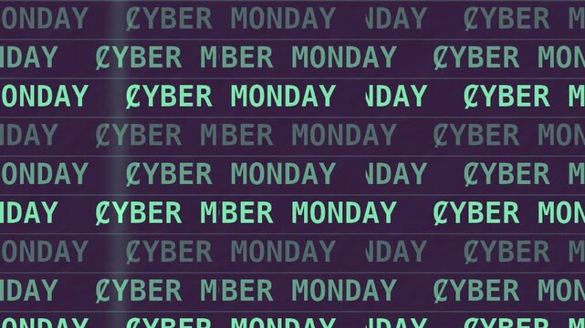 Mint green CYBER MONDAY ticker typography in a seamless digital grid
