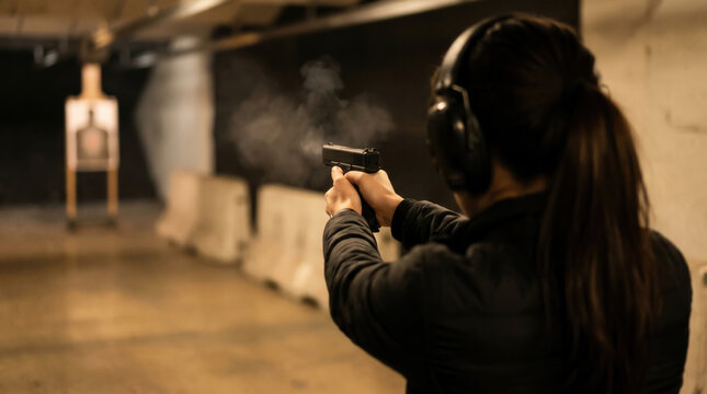 Woman practicing shooting a handgun at a target in an indoor gun range wearing ear protection