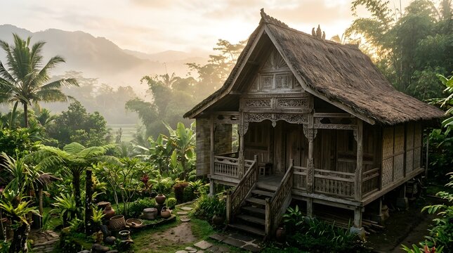 Indonesian Traditional Wooden House in Tropical Landscape