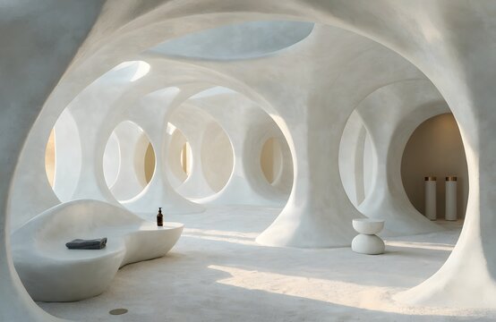 Minimalist organic cave interior design.