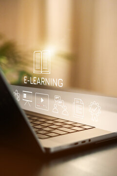 E learning concept shown on a laptop screen in a bright indoor space during the day