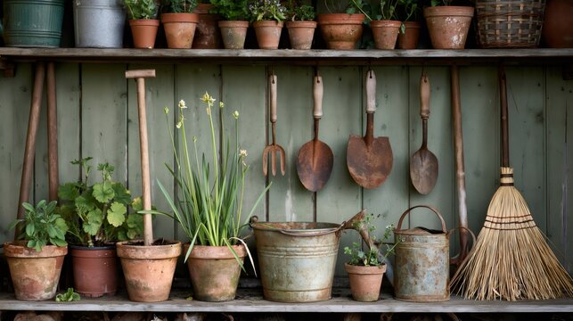 Garden shed tools and potted plants on wooden shelves