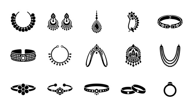Traditional Indian jewelry icons set, 15 black vector jewelry symbols, ethnic bridal accessories and gold ornament silhouettes for fashion design