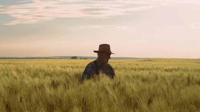 Elderly male farmer stands waist-deep in dense wheat field at warm golden hour light, facing slightly left with head bowed under wide-brimmed straw hat while wearing plaid shirt and suspenders