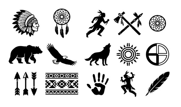 Native American tribal icons set, 15 black silhouette indigenous symbols. Ethnic culture vector elements for logo design and branding.