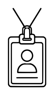 Minimalist black and white vector icon of a security badge holder with a lanyard neck strap, featuring a person silhouette and identification card details for corporate access and professional event