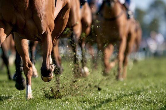 Horses galloping on grass turf during competitive race