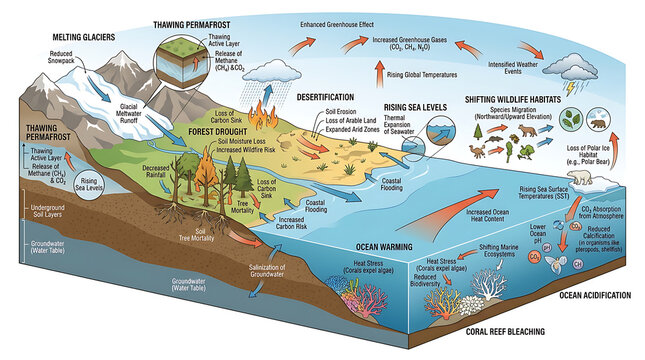 Comprehensive Infographic Illustrating the Interconnected Impacts of Global Warming and Climate Change on Earth's Ecosystems