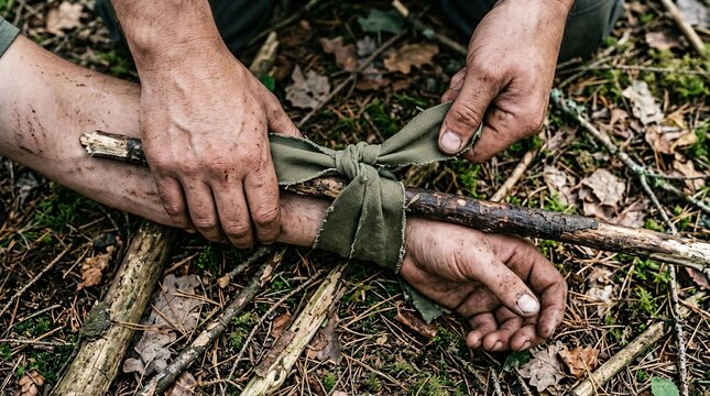 High-angle shot of hands tying a cloth bandage around a wooden stick to improvise a arm fracture splint in the forest.