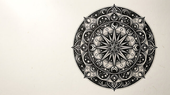 Ornate Vintage Round Lace Ornament with Floral Mandala Pattern and Antique Gold Decorative Design on Black Background