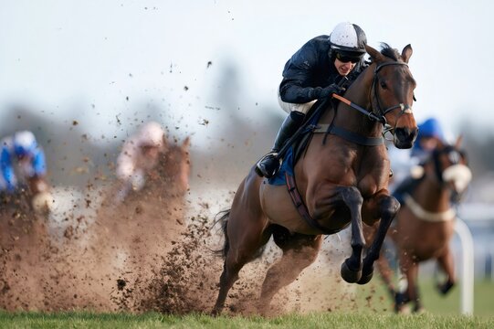 Horse racing jockey and thoroughbred competing, kicking up mud