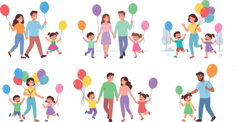 Naklejka premium Happy Family Walking with Colorful Balloons Set Featuring Parents and Kids Holding Hands Together for Holiday and Celebration Designs