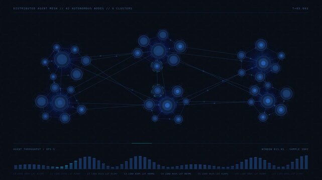 A living network of 42 autonomous AI agents visualized as frosted glass nodes connected by pulsating data links on a dark charcoal background professional stock footage for technology, business, and.