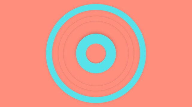 Minimalist graphic design featuring concentric cyan circles on a coral background