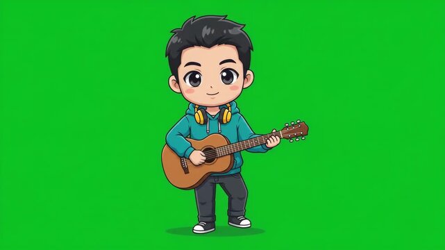 Cute chibi boy character playing acoustic guitar on a green screen background.