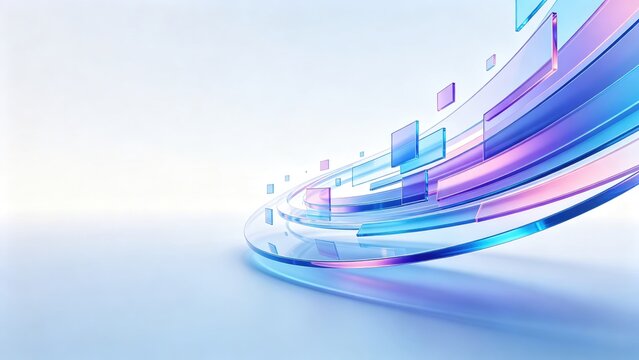 Abstract transparent glass ribbons and floating geometric panels with blue purple gradients, idea for digital technology, data flow, innovation and modern business background
