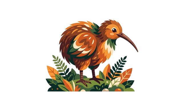 Stylized illustration of a kiwi bird standing in lush autumn forest foliage