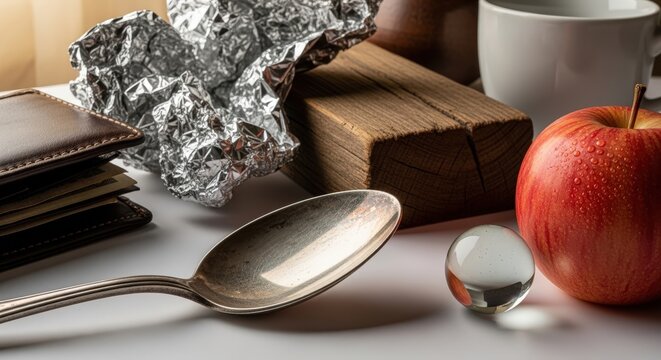 A still life composition of everyday objects including a silver spoon, red apple, glass marble, and crumpled aluminum foil on a white surface.