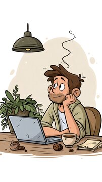 Man working remotely on laptop dreaming about ideas