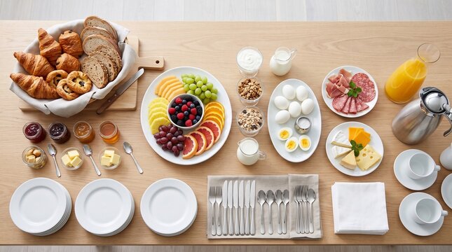 Top view of a luxury hotel breakfast buffet with fresh fruits, pastries, and cold cuts