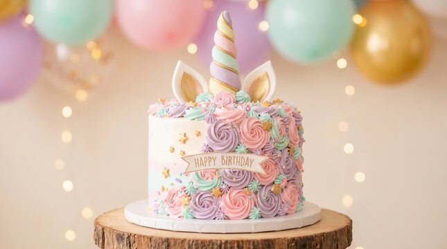 Pastel unicorn birthday cake with a Happy Birthday banner rosettes and balloons for a celebration