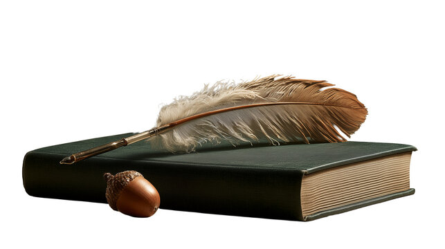 A real feather quill lying diagonally across a closed dark green book, an acorn at the base.