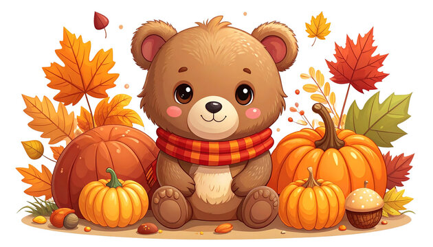 Sweet cartoon bear enjoying fall among vibrant leaves, pumpkins, acorns, and mushrooms, cozy autumn style, transparent background, PNG.