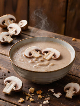 Creamy mushroom soup served in a rustic bowl with fresh mushrooms  