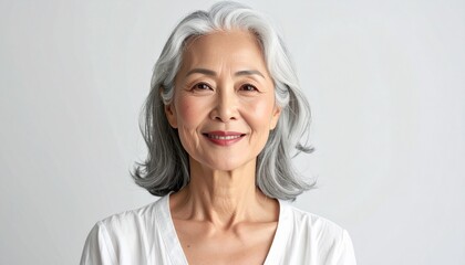 Fototapeta premium Graceful Asian Woman in Her 60s Portrait with Silver Hair on White Background