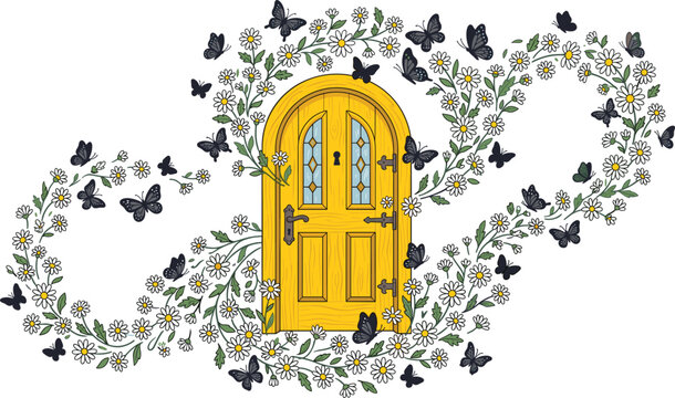 Magical yellow wooden door surrounded by blooming daisy flowers and flying butterflies vector illustration