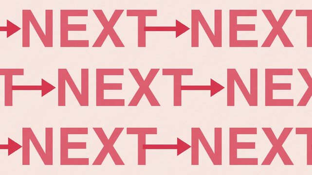 Coral red NEXT typography and arrows moving through bold graphic rows