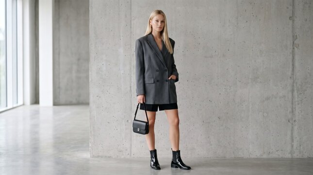 Stylish woman in oversized grey blazer and black shorts posing with handbag in modern concrete interior