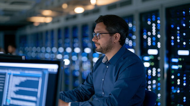 Solitary database administrator in a sterile white server room surrounded by blinking rack units, focused on a terminal displaying query logs, the hum of cooling fans visible in