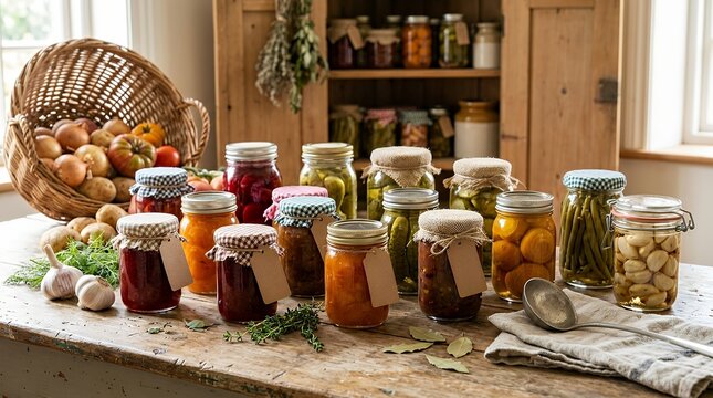 Homemade Jar Jams Preserved Vegetables Pickle Jars Farmhouse Kitchen Table Pantry Harvest Season Concept Food Background jars canning homemade pickles preserved glass jar vegetables food jam compote