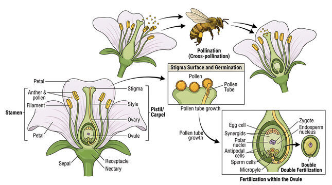 Scientific Diagram of the Plant Pollination Process and Double Fertilization within the Flower Ovule