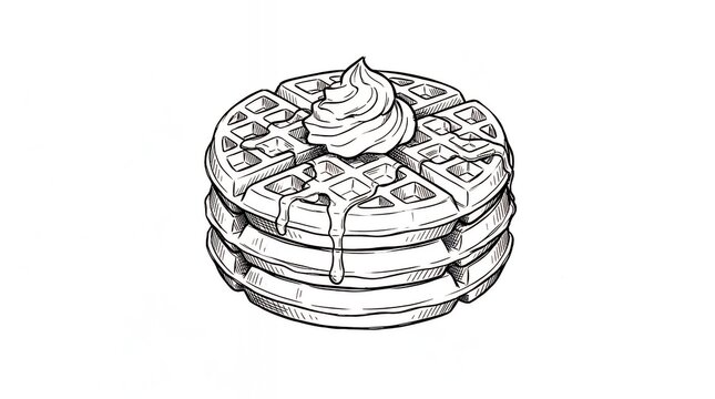 Hand drawn morning pastry grid waffle pile with sweet topping whipped cream graphic line art isolated on clean white surface waffle breakfast food stack cream topping dessert sweet pastry grid
