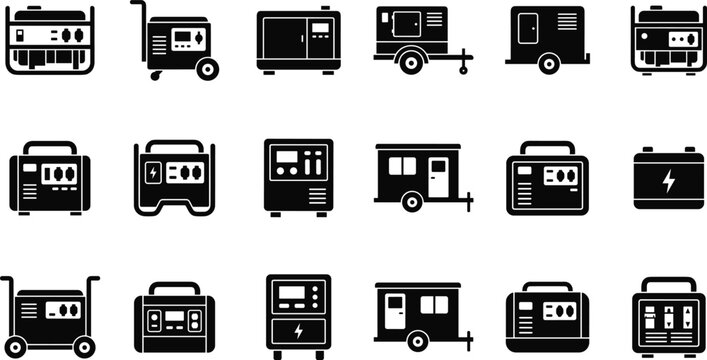 Vector icon set of power generator black silhouettes including portable backup stations industrial trailers electric batteries and voltage control machinery