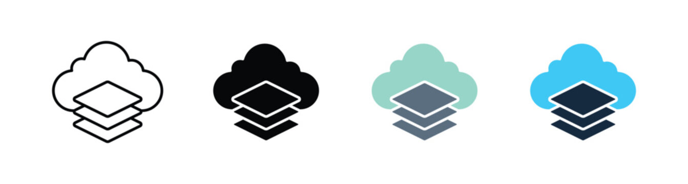 Cloud data layers icon set with database storage and server backup concept in line glyph and modern color style, digital cloud computing vector illustration