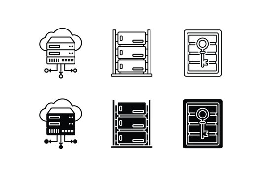 Data server icon set with cloud computing database rack and secure key server in line and glyph style for network storage concept vector illustration