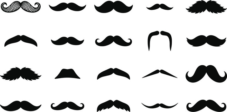 Vector icon set of mustache black silhouettes featuring various vintage mens facial hair styles for barbershop logo and movember design elements
