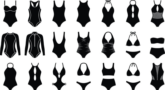 Vector icon set of women swimwear black silhouettes including one piece swimsuits bikinis monokinis and long sleeve rash guards for fashion design