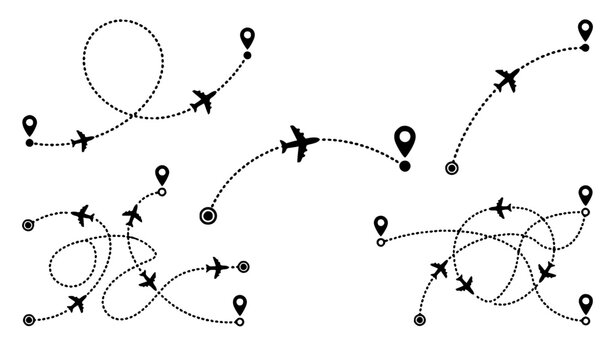 Airplane flight route path with dotted travel lines destination markers and aircraft vector