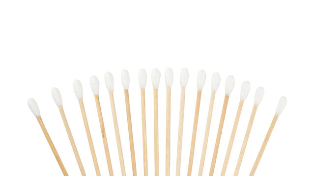 A fan arrangement of wooden cotton swabs with white tips on a white background, isolated on a, transparent background