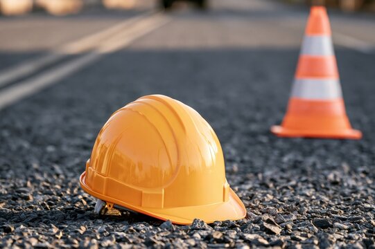 Orange hard hat on road with safety cone