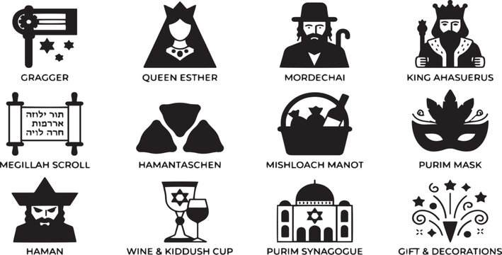 Purim Festival Icons Featuring Characters and Symbols Keywords: gragger queen esther icon set