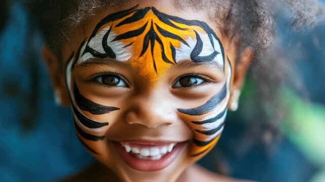Smiling Child with Tiger Face Paint