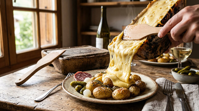 A hand scraping melted raclette cheese onto a plate of boiled potatoes and pickles.