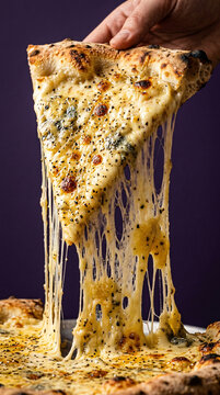 A delicious slice of four cheese pizza with long strings of melted cheese.