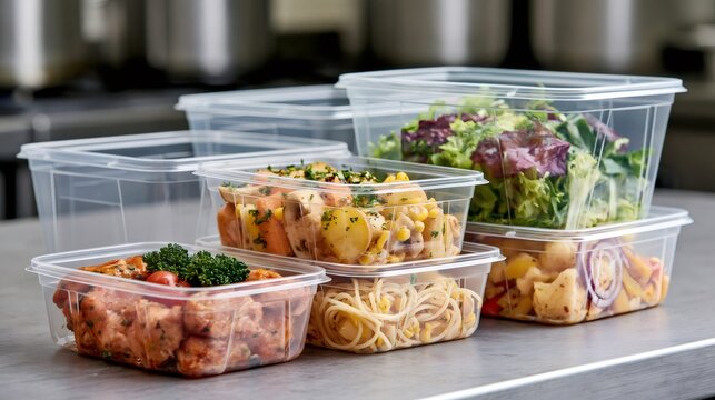 Preparing healthy meal prep food in plastic containers