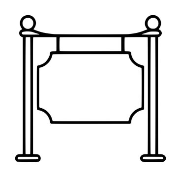 Elegant minimalist vector icon of a hanging welcome sign board suspended between two decorative posts with spherical finials, perfect for business announcements, shop fronts, or directional signage.